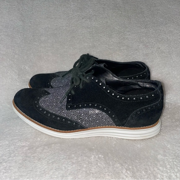 Cole Haan Lunargrand Oxford Suede Black White Wingtip Women's US 7.5B - Picture 1 of 9